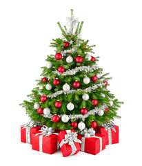 Obraz na płótnie Canvas Eleganter Weihnachtsbaum und Geschenke in Rot, Weiß und Silber, Freisteller