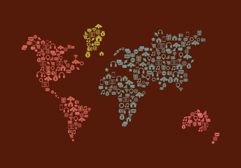 social media icons in world map shape over red background. vector illustration