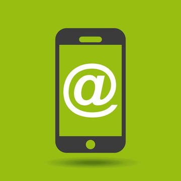smartphone device with at symbol over green background. vector illustration