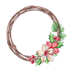 Christmas floral wreath clip art, round frame, blank banner, watercolor illustration isolated on white background