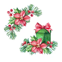 Gordijnen Christmas gifts and poinsettia flowers design elements, watercolor illustration isolated on white background, holiday clip art  © wacomka