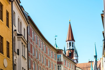Traditional street view of old buildings in Munich, Bavaria, Ger