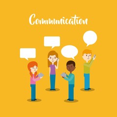 cartoon people with communication bubbles over yellow background. colorful design. vector illustration