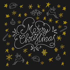 Fototapeta na wymiar Merry Christmas and Happy New Year. Vector Illustration with Hand Lettered Text and Hand Drawn Illustrations.
