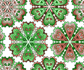 Seamless abstract background. Bright mandala in red and green tones on white. Vector illustration. 