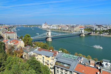 Fototapeta na wymiar View of Budapest with Szechenyi Chain Bridge over Danube and Hungarian Parliament Building