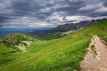 View from Kasprowy Wierch to mountain trail in summer