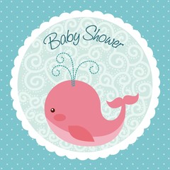 baby shower card with cute pink whale icon. colorful design. vector illustration