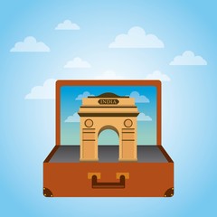 brown suitcase with iconic momument of india. over sky background. vector illustration