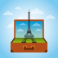brown suitcase with iconic momument of paris. over sky background. vector illustration