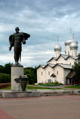 Fototapeta premium The City Of Veliky Novgorod. The monument to Alexander Nevsky in the background the Church of Boris and Gleb