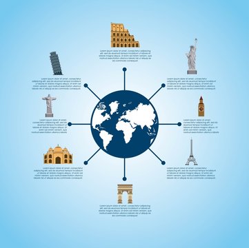 infographic presentaiton of iconic monuments of the world  over blue background. colorful design. vector illustration