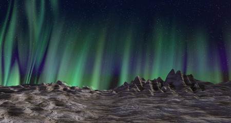 Fototapeta na wymiar 3d illustration of a beautiful Aurora glowing at the night sky over moonlit mountains