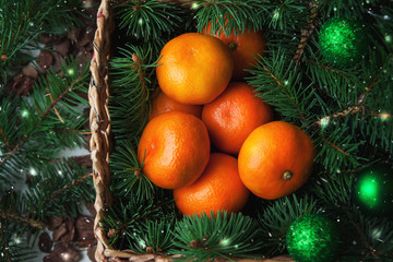 Fototapeta na wymiar Christmas balls, tangerines and fir tree in a rustic wicker basket
