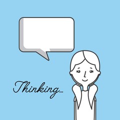 cartoon woman smiling with thinking bubble over blue background. vector illustration