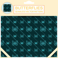 Seamless vector pattern with turquoise butterflies and oblique lines.