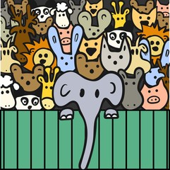 Cute animals behind a fence. Color version. Vector illustration