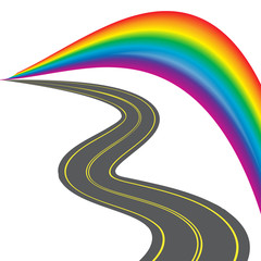 Road with yellow markings, receding into the distance. Colorful stylized rainbow.  illustration