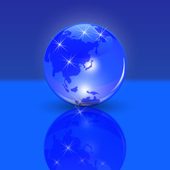 Blue planet earth. the land of the rising sun and the view. Stylized glossy ball with shadow and reflection.  illustration