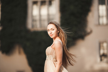 Beautiful girl, model with long hair posing in old castle near columns. Krakow Vavel