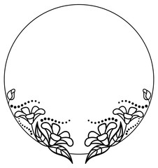 Round black and white frame outline decorative flowers. Copy space. 