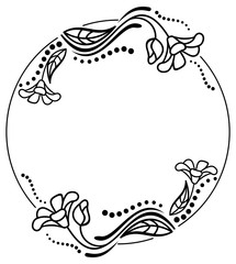 Round black and white frame outline decorative flowers. Copy space.