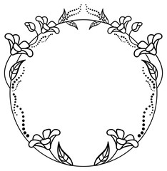Round black and white frame outline decorative flowers. Copy space. 