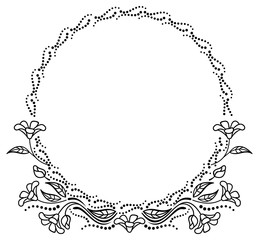Round black and white frame outline decorative flowers. Copy space. 
