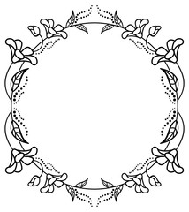 Round black and white frame outline decorative flowers. Copy space.