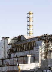 Chernobyl nuclear power plant. View on old destroyed sarcophagus. Pripyat abondoned zone, Ukraine