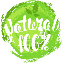 Logo 100% Natural with leaves. Organic food badge in vector (cos
