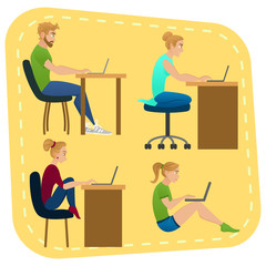 Young people with laptops. Set of people working with computers.