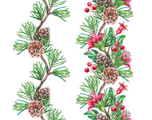 Christmas seamless border design elements, floral garland, watercolor illustration isolated on white background