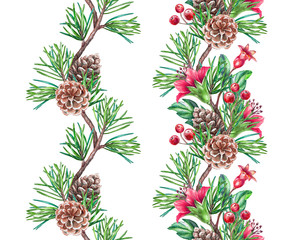 Christmas seamless border design elements, floral garland, watercolor illustration isolated on...