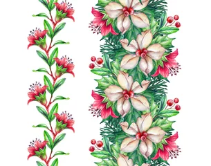 Fototapeten Christmas seamless border design elements, floral garland, watercolor illustration isolated on white background © wacomka