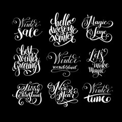 set of winter black and white handwritten lettering inscription 
