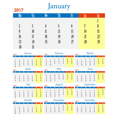 Calendar for 2017 Year. Set of 12 Months.