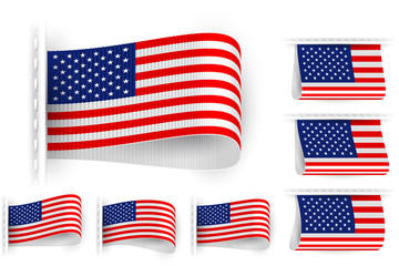National state flag of United States of America; Sewn clothing label tag; Vector icon set USA flags Eps10