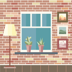 Fototapeta na wymiar Interior of a living room in flat style. Home room with red brick wall. Vector illustration. Illustration of a flat style. 