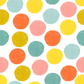 Colorful Cute Yellow, Pink, Blue, Orange Random Grunge Polka Dot, Seamless Pattern. Sketch Circle On White Background. Abstract Round Seamless, Wallpaper. Vector Illustration.