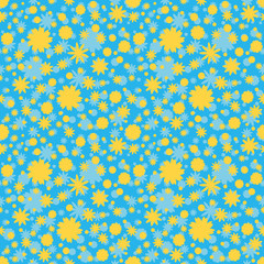 Seamless pattern with blue, yellow ditsy flowers dots on blue background. Floral background. Vector illustration.