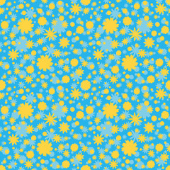 Seamless pattern with blue, yellow ditsy flowers dots on blue background. Floral background. Vector illustration.