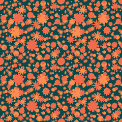 Fototapeta na wymiar Seamless pattern with orange, red ditsy flowers dots on dark green background. Floral background. Vector illustration.