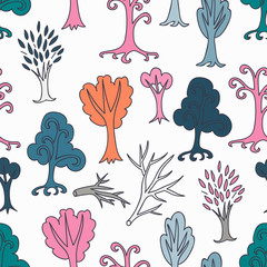 Colorful doodle seamless pattern of different trees and branches. Hand drawn infinity forest background. Cartoon woodland. The best for design, textile, fabric, wrapping. Vector illustration.