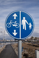 Walking and bike road sign on the seaside of the izmir city ,Turkey