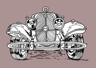 Typical classic retro vintage monochrome cabriolet Car from 20s or 30s ,  abstract hand drawn nib pen drawing of a convertible automobile from 1920s or 1930s , engraving, Ecard, isolated