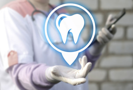Dentist offers dental treatment. Prosthetics, Orthodontist. Doctor offer location tooth icon. Healthccare, medicine, e-health.