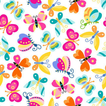 Seamless background with colorful cartoon butterflies.