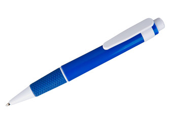 blue and white ballpoint pen isolated on a white background