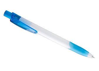 blue and white ballpoint pen isolated on a white background